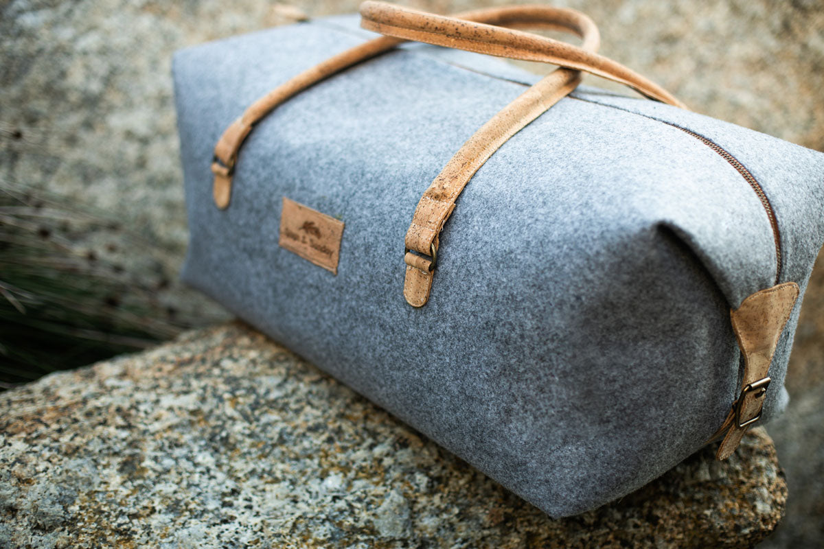grey recycled plastic felt travel bag made by Sage & Sunday a cape town clothing brand