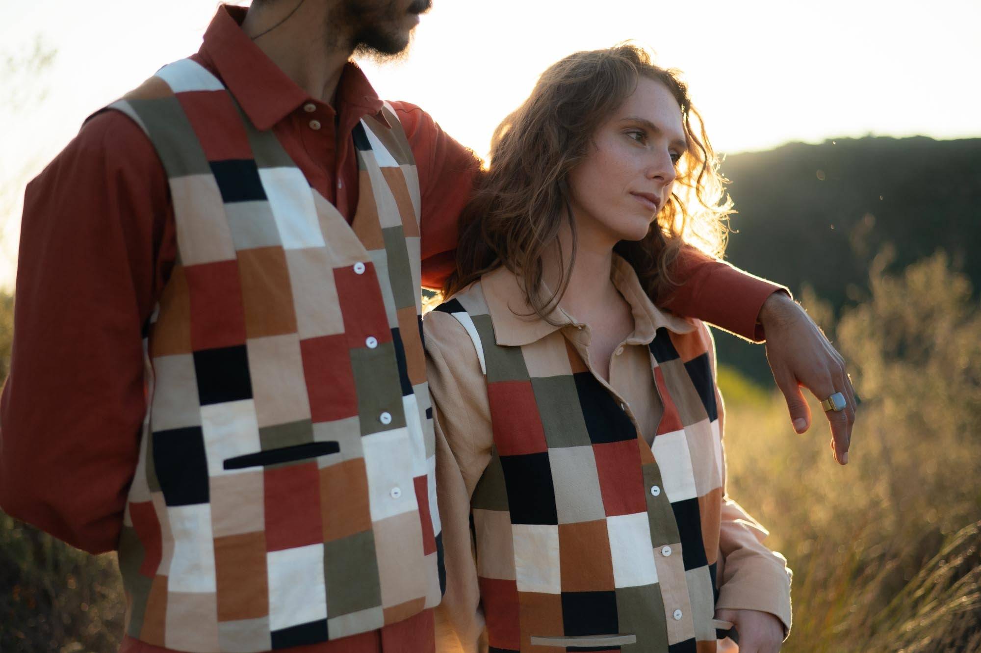 man and women wearing upcyceld hemp linen waistcoats made by Sage & Sunday a cape town clothing brand