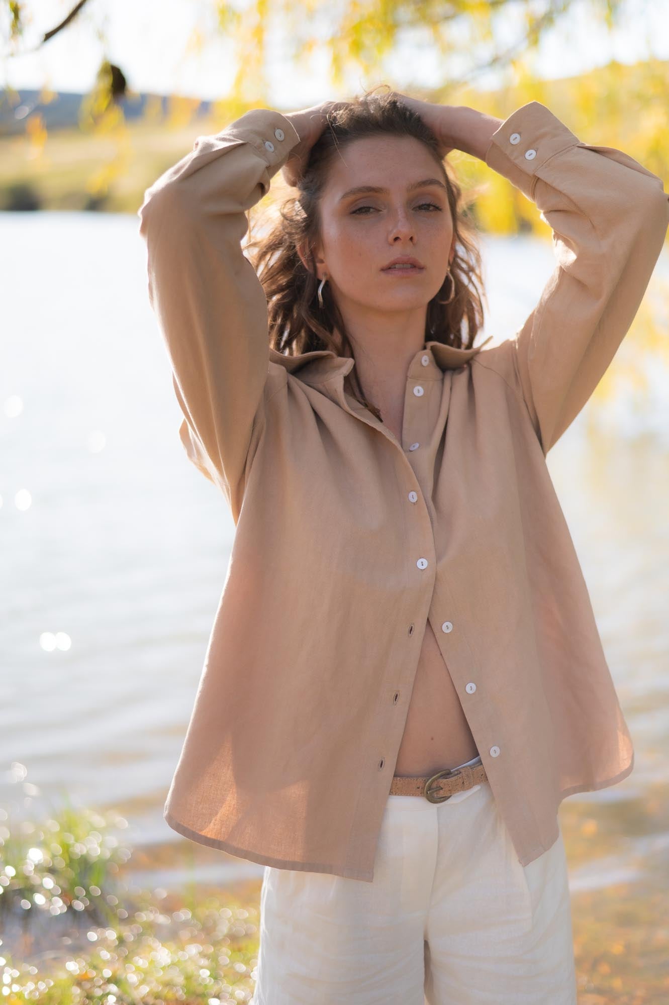 women wearing beige hemp linen shirt blouse made by Sage & Sunday a cape town clothing brand