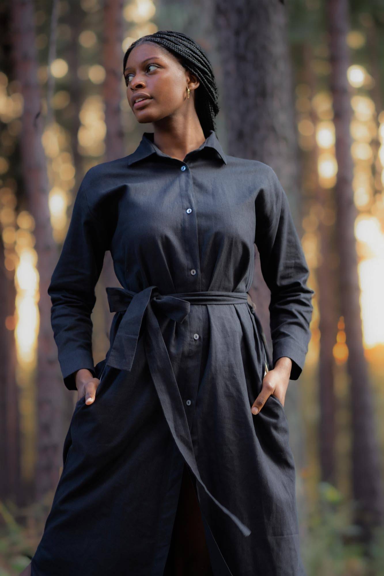 women wearing a black hemp linen shirt dress made by Sage & Sunday a cape town clothing brand